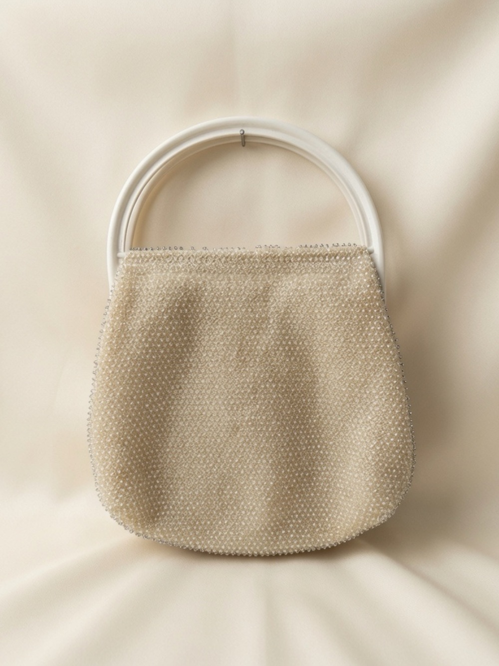 Vintage Cream Beaded Top Handle Evening Bag Mid Century Bridal Purse Off White - Picture 1 of 7